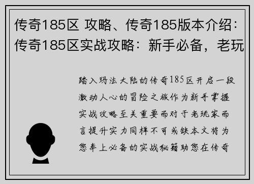 传奇185区 攻略、传奇185版本介绍：传奇185区实战攻略：新手必备，老玩家精进